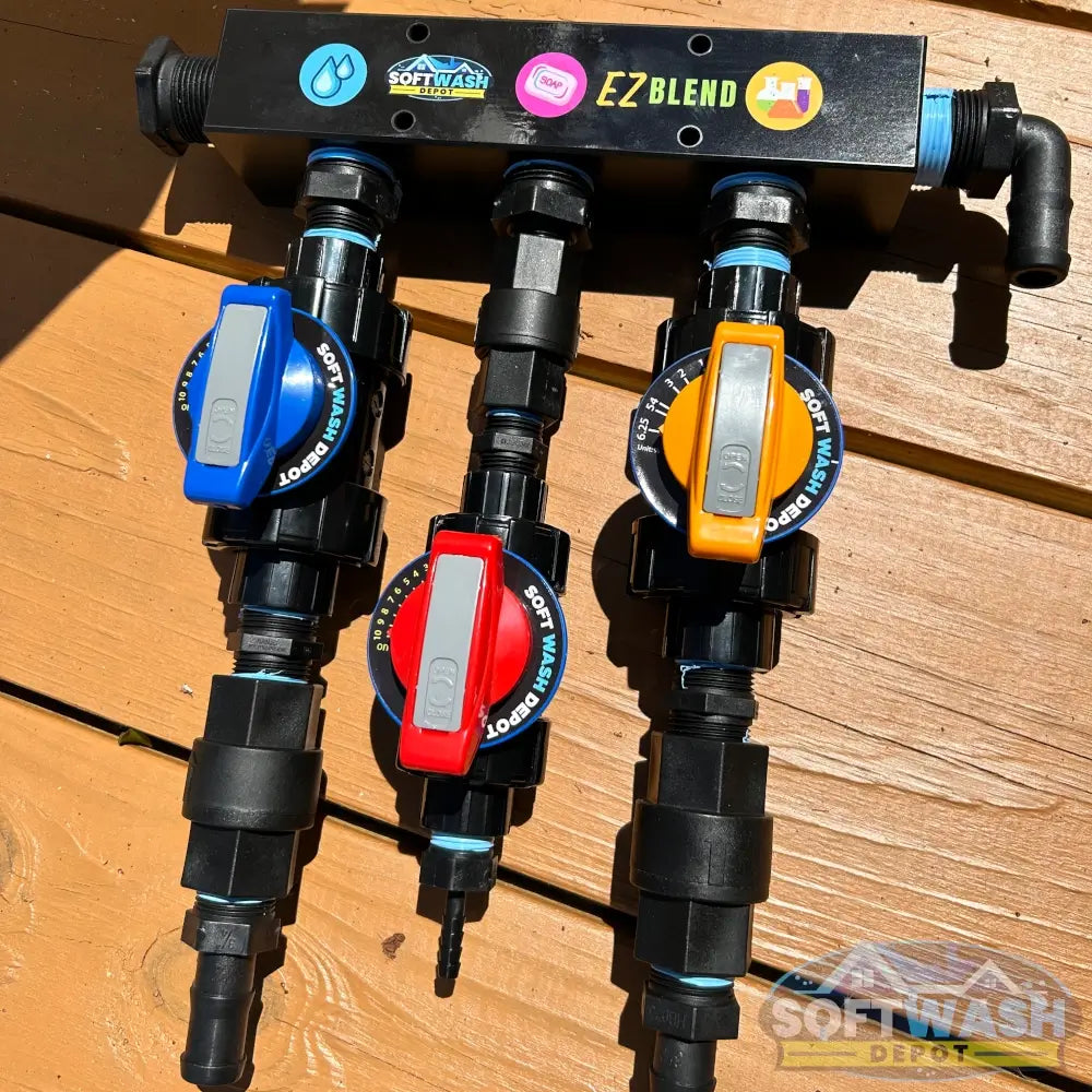 SWD EZ Blend Precision Flow soft wash mixing proportioner with labeled water, soap, and chemical control valves and color-coded adjustment handles - Soft Wash Depot.