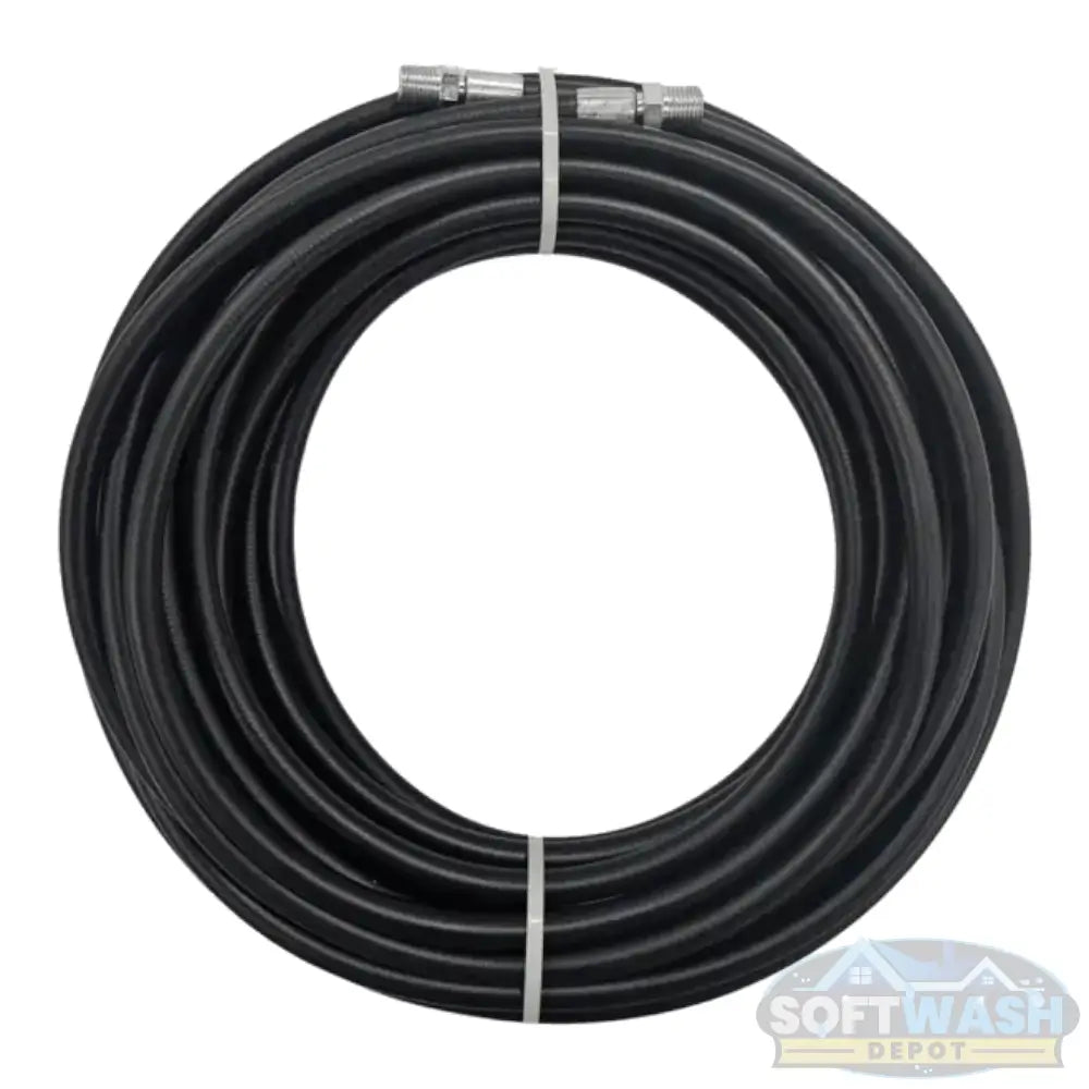 1/4 inch black sewer jetting hose assembly with silicone and rubber jacket, available in 50 ft and 100 ft lengths. - Soft Wash Depot