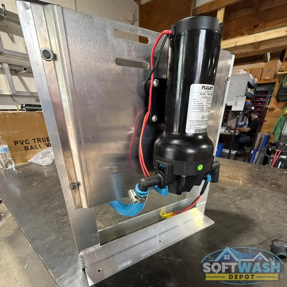 SWD 3-Port EZ Blend 3/4 inch clear proportioner system with Flojet 12V pump, aluminum back plate, and 19 inch mounting stand. - Soft Wash Depot