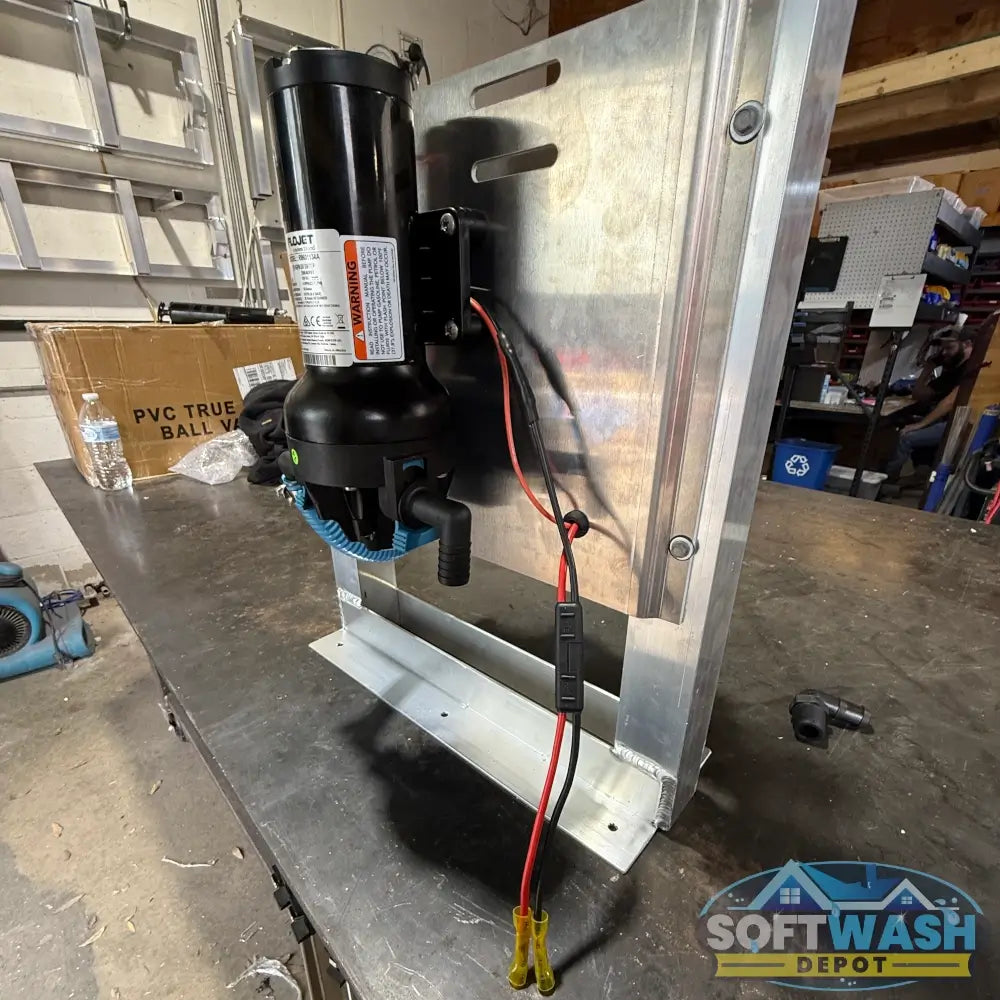 SWD 3-Port EZ Blend 3/4 inch clear proportioner system with Flojet 12V pump, aluminum back plate, and 19 inch mounting stand. - Soft Wash Depot