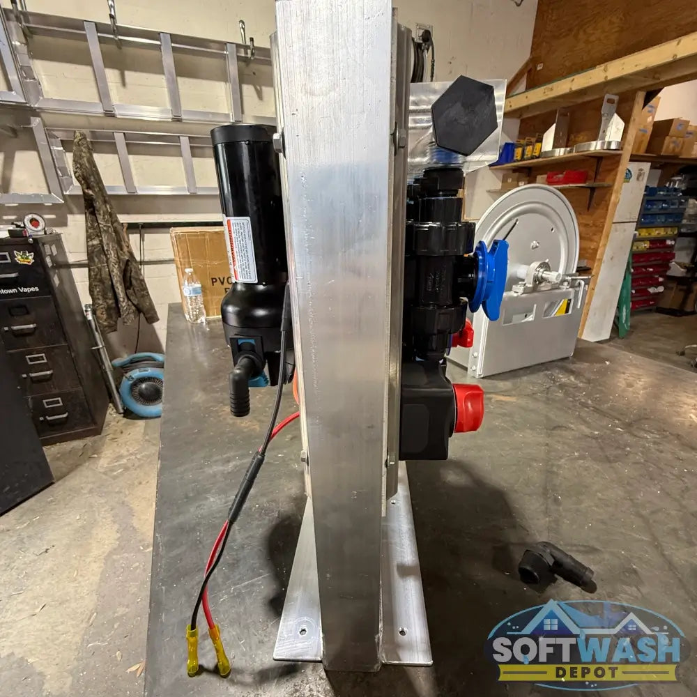 SWD 3-Port EZ Blend 3/4 inch clear proportioner system with Flojet 12V pump, aluminum back plate, and 19 inch mounting stand. - Soft Wash Depot