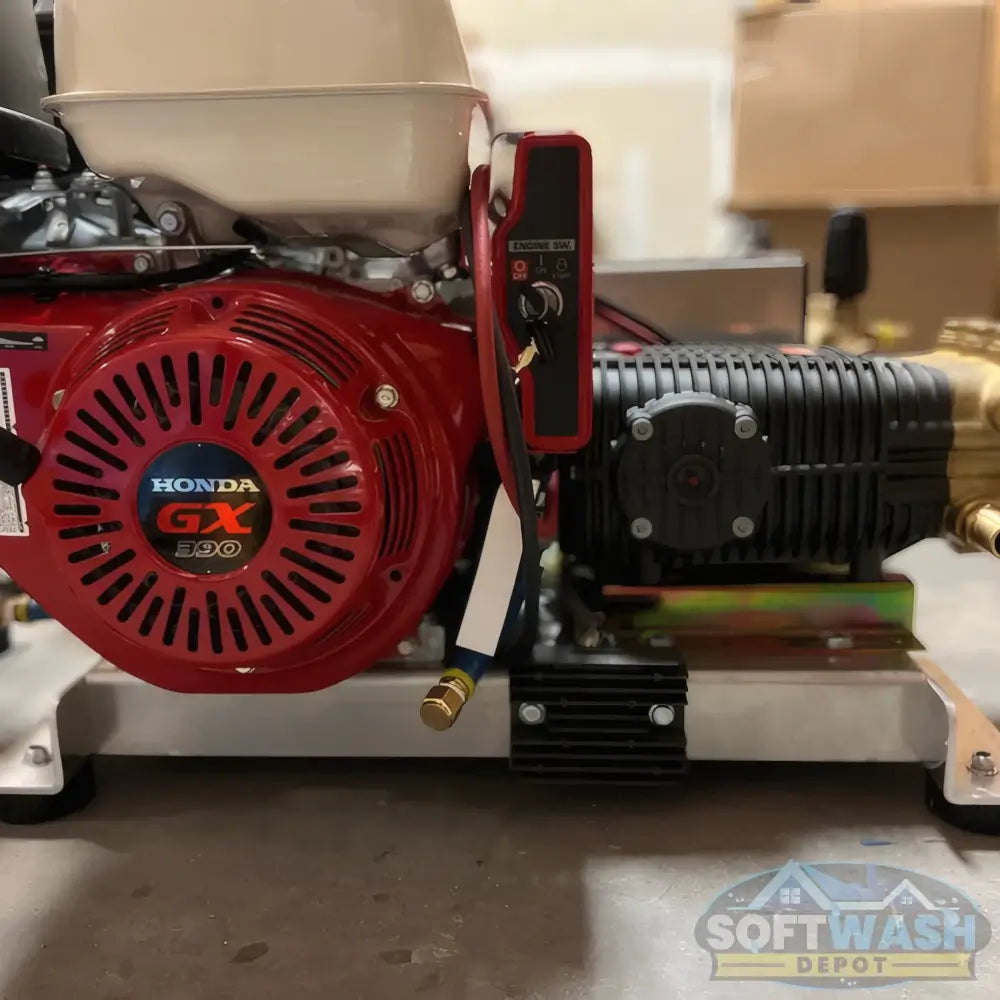 Soft Wash Depot 8 GPM at 2500 PSI pressure washer system featuring a Honda GX390 engine and Comet pump mounted on an aluminum skid - professional soft wash and pressure cleaning equipment. - Soft Wash Depot