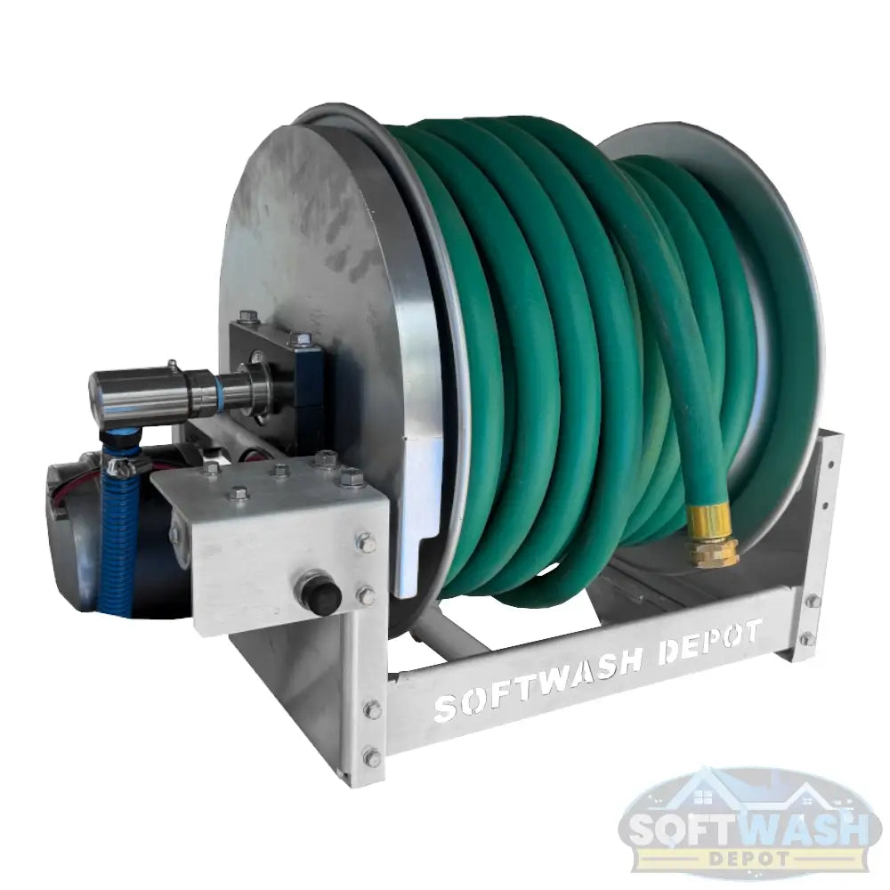 SWD electric hose reel with aluminum frame, stainless steel manifold and swivel, built for pressure washing and soft washing hose management. - Soft Wash Depot
