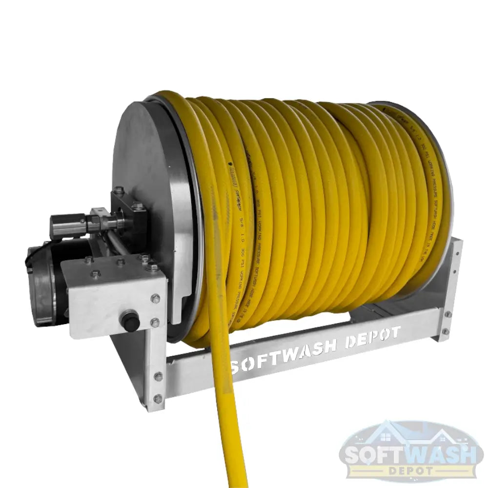 SWD electric hose reel with aluminum frame, stainless steel manifold and swivel, built for pressure washing and soft washing hose management. - Soft Wash Depot