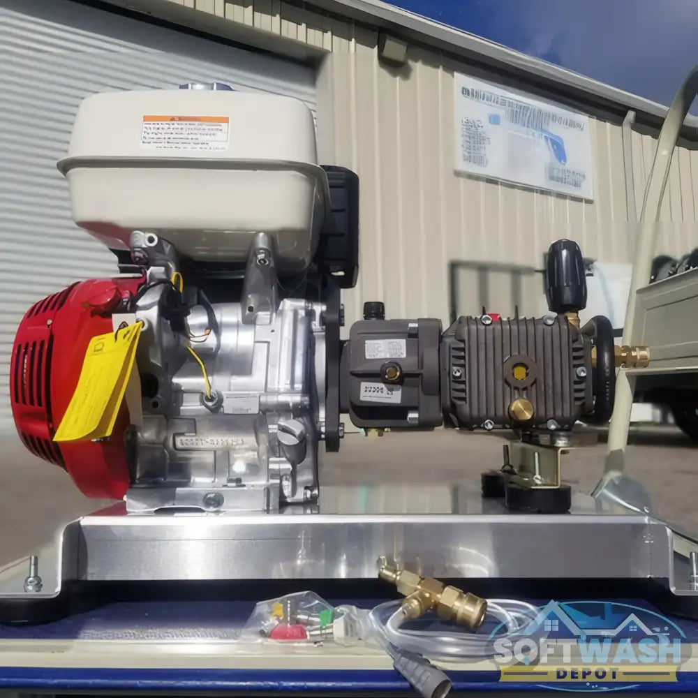 Soft Wash Depot gear-drive pressure washing system featuring a Honda GX390 engine and Comet pump, delivering 5.5 GPM at 3000 PSI, mounted on aluminum skid with accessories included - Soft Wash Depot.