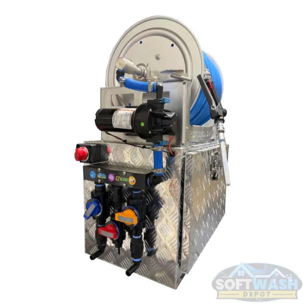 SWD Plug & Play 12V Soft Wash System with aluminum toolbox, stainless hose reel, blue soft wash hose, spray gun, EZ Blend proportioner, pump, valves, and fittings. - Soft Wash Depot