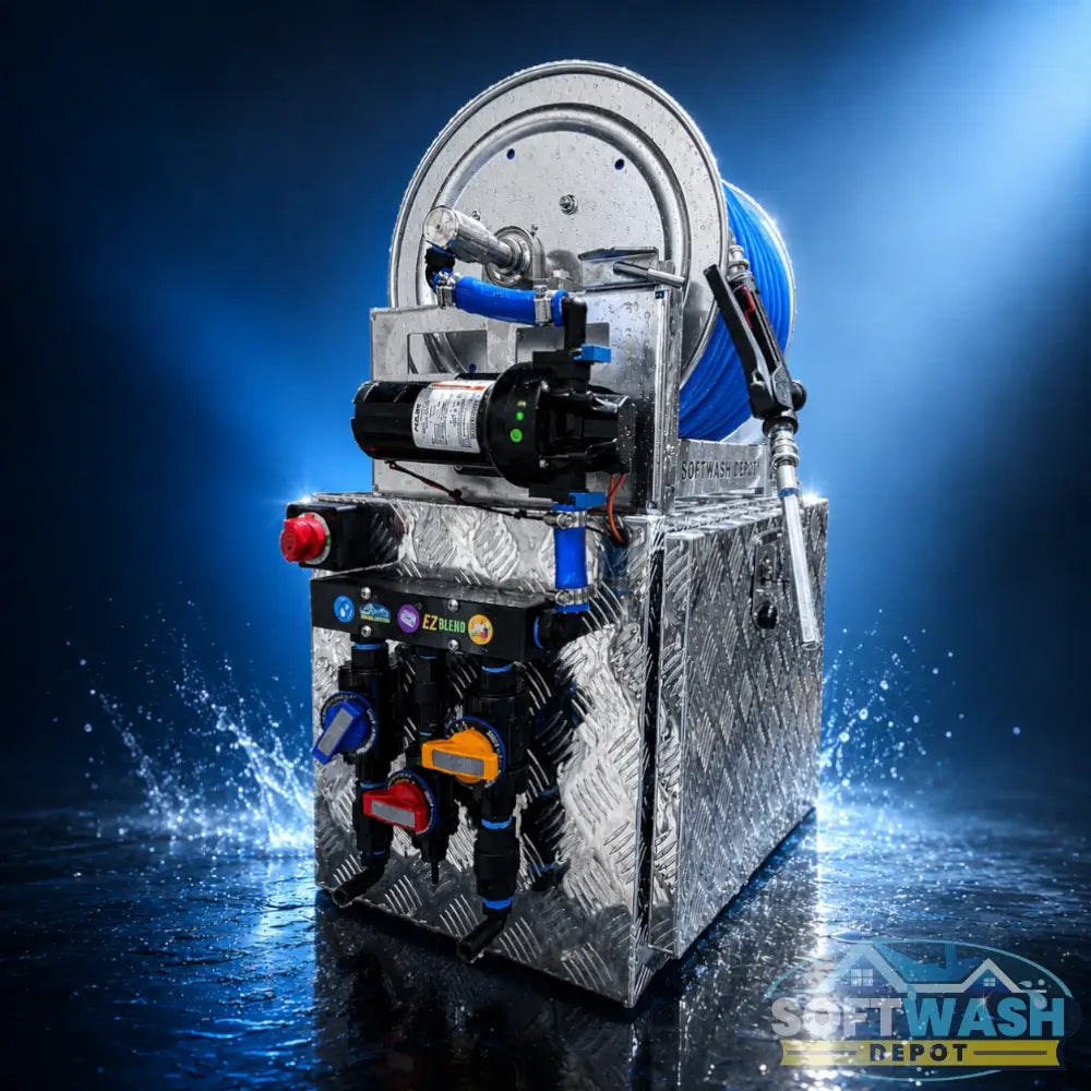 SWD Plug & Play 12V Soft Wash System with aluminum toolbox, stainless hose reel, blue soft wash hose, spray gun, EZ Blend proportioner, pump, valves, and fittings. - Soft Wash Depot