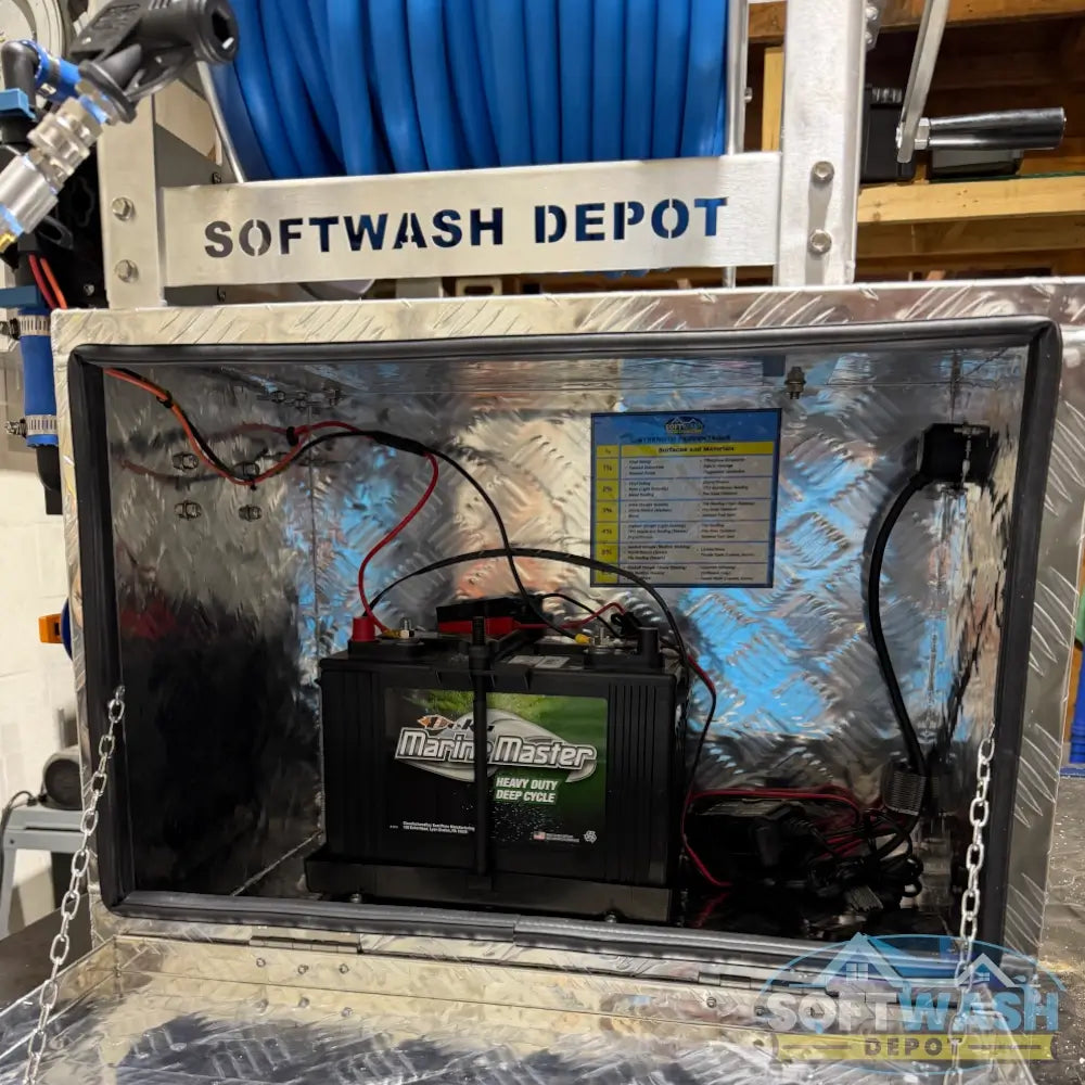 SWD Plug & Play 12V Soft Wash System with aluminum toolbox, stainless hose reel, blue soft wash hose, spray gun, EZ Blend proportioner, pump, valves, and fittings. - Soft Wash Depot