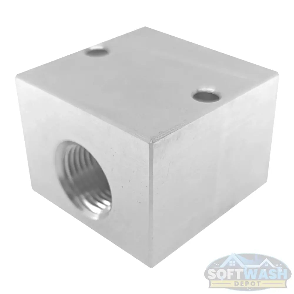Soft Wash Depot solid aluminum unloader block with 1/2-inch straight port design for pressure washing and soft wash systems.