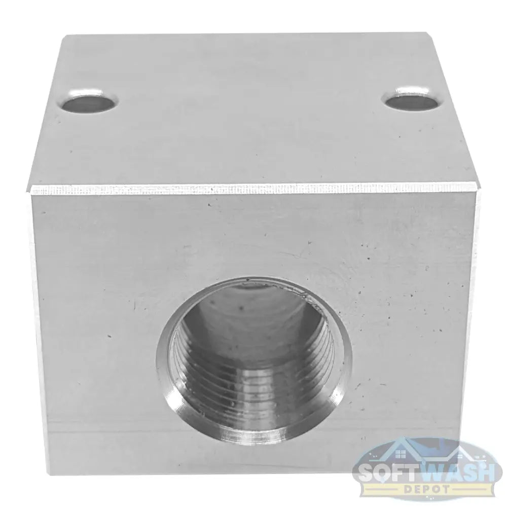 Soft Wash Depot solid aluminum unloader block with 1/2-inch straight port design for pressure washing and soft wash systems.