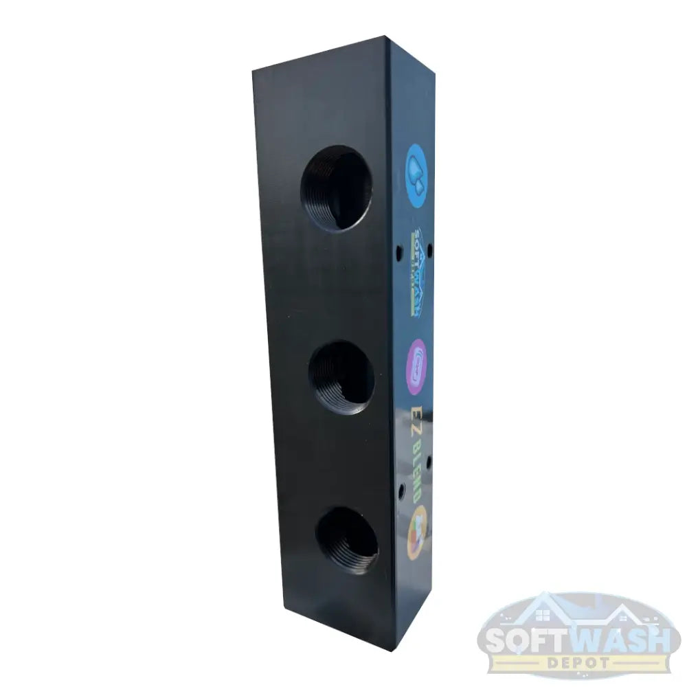 Black soft washing mixing manifold with 3 port and 4 port configuration for chemical proportioning systems. - Soft Wash Depot