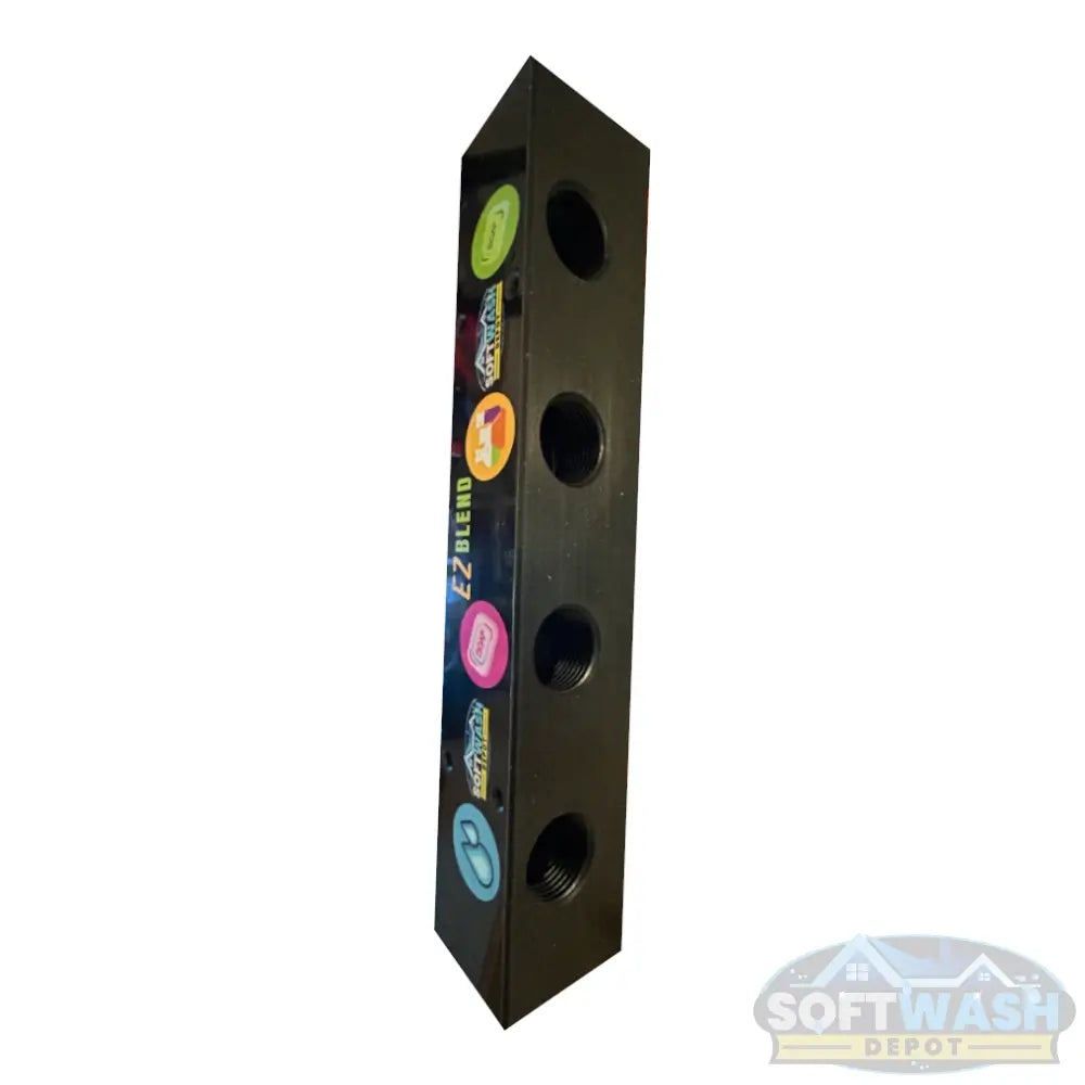 Black soft washing mixing manifold with 3 port and 4 port configuration for chemical proportioning systems. - Soft Wash Depot