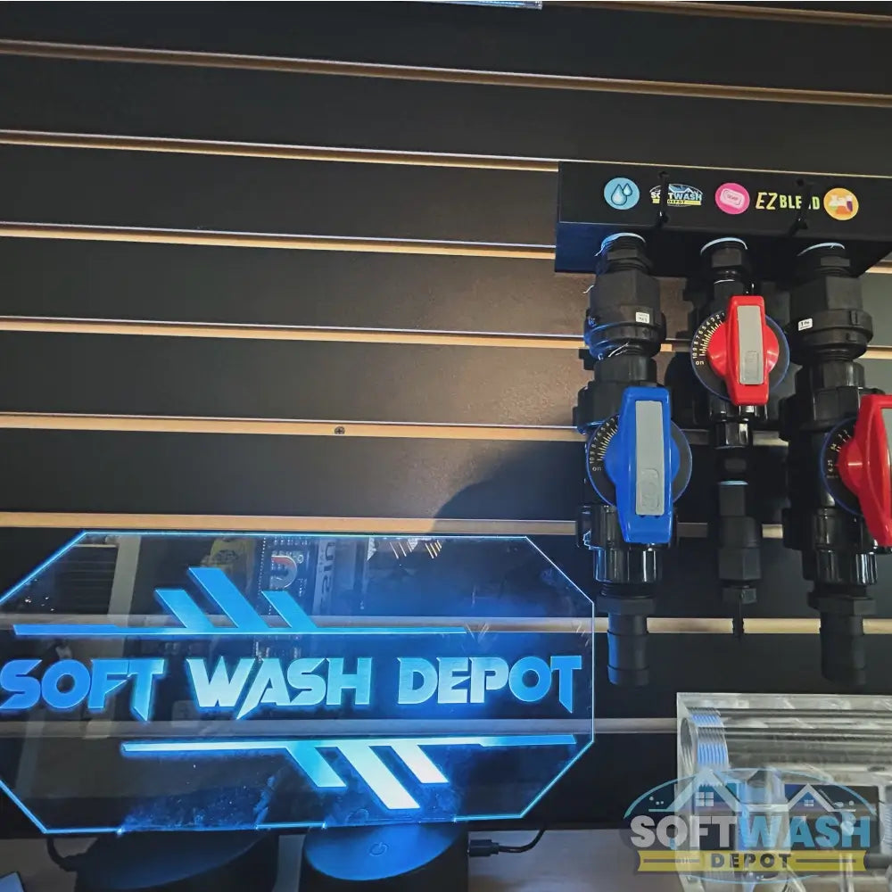 Black soft washing mixing manifold with 3 port and 4 port configuration for chemical proportioning systems. - Soft Wash Depot