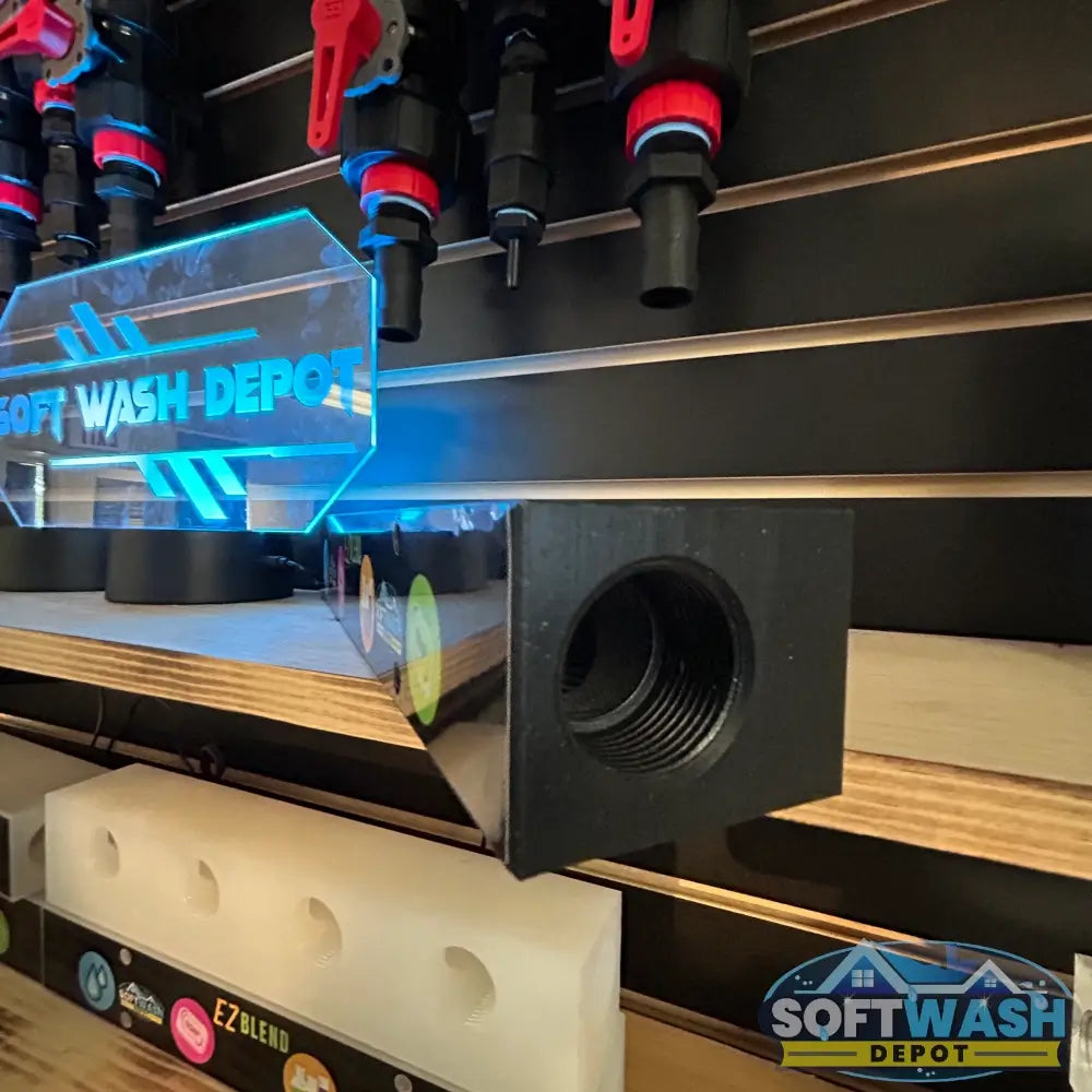 Black soft washing mixing manifold with 3 port and 4 port configuration for chemical proportioning systems. - Soft Wash Depot