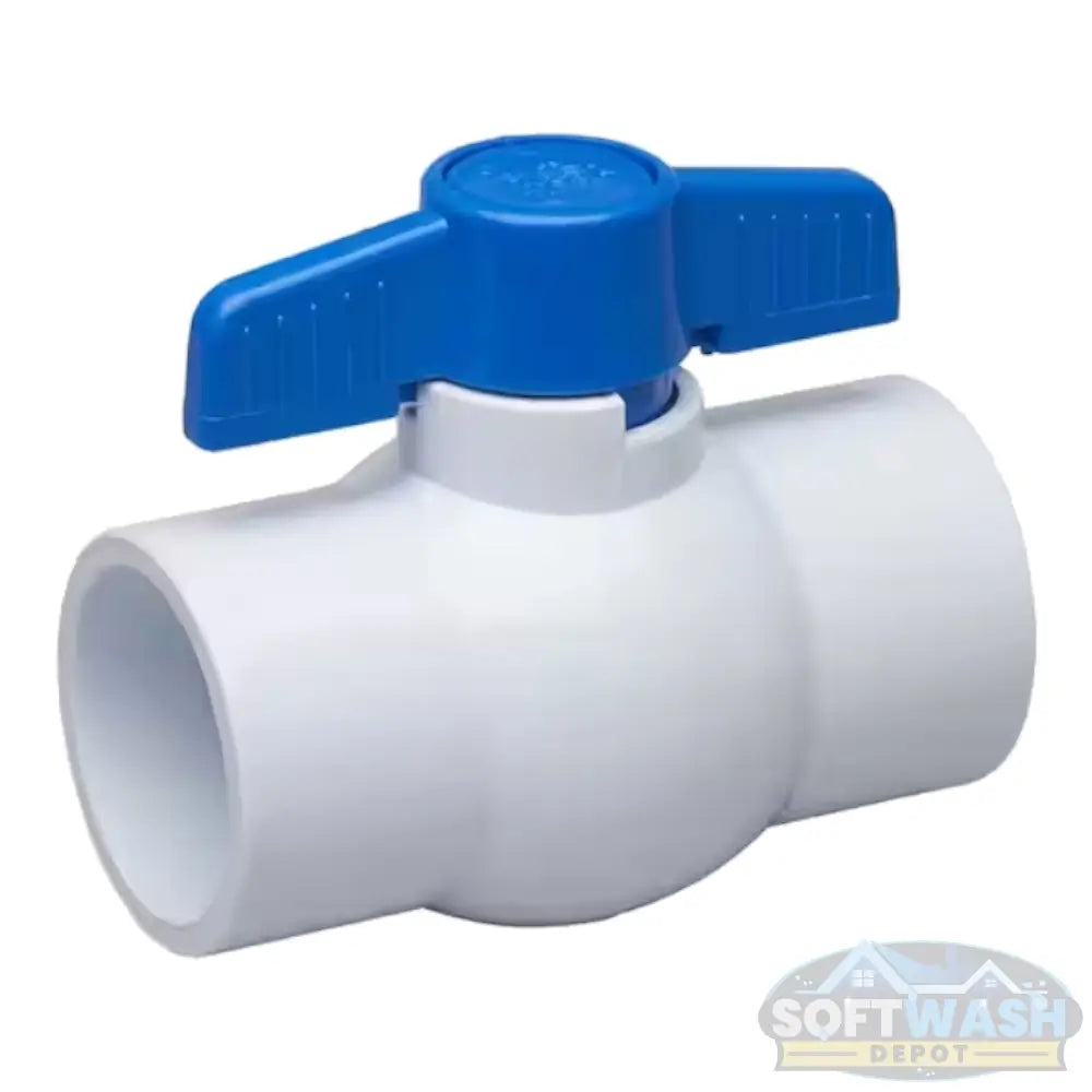 Solvent x Solvent Schedule 40 PVC Ball Valve - durable white PVC valve with blue handle for chemical, irrigation, and water flow control applications - Soft Wash Depot.