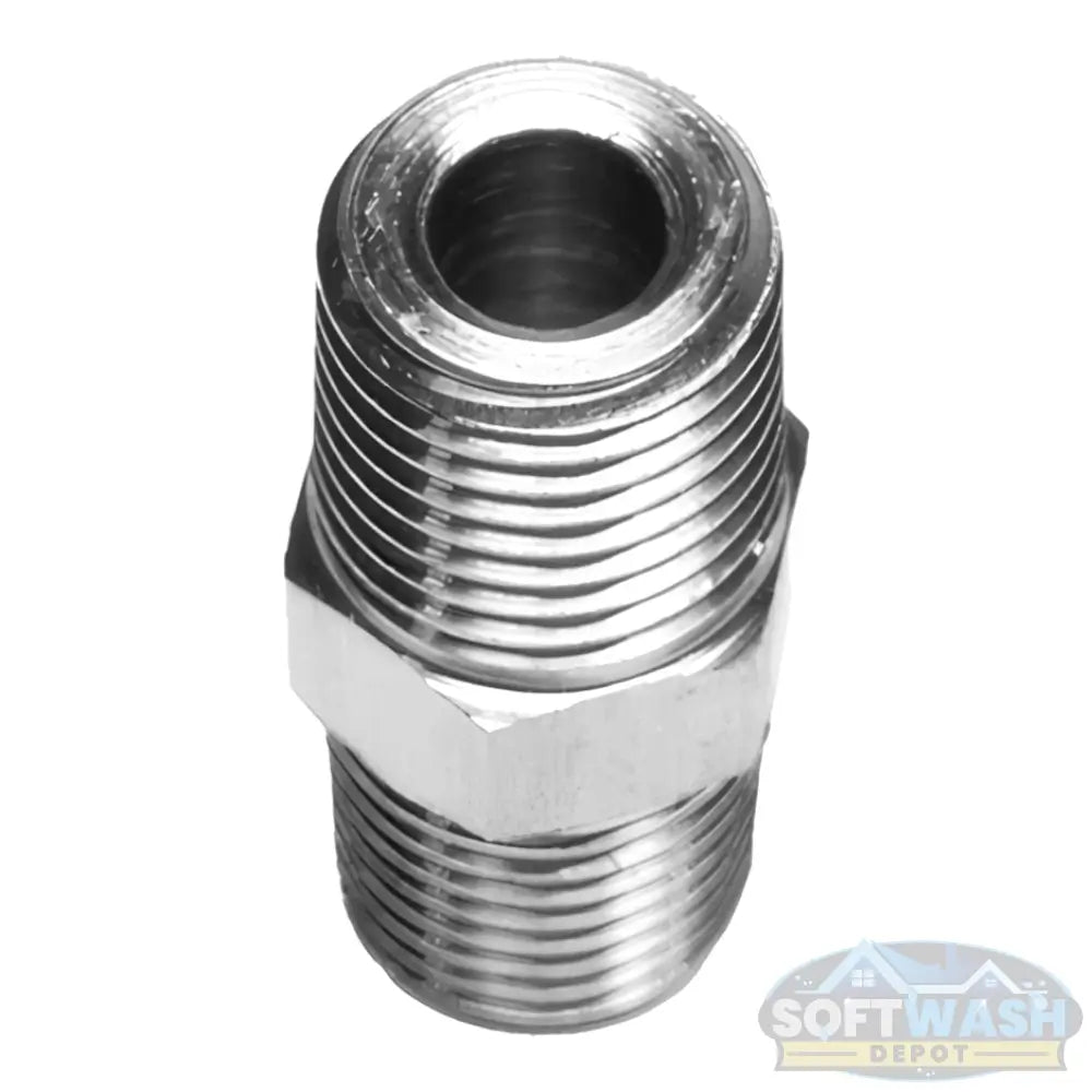 Stainless Steel 316 MPT x MPT Adapter Hex Nipple - high-pressure corrosion-resistant stainless fitting for connecting threaded pipe ends in soft wash and pressure wash systems - Soft Wash Depot.