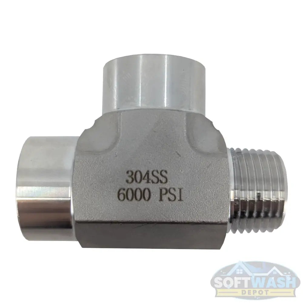 Stainless steel pipe fitting male run tee with 1/2-inch NPT male inlet and two 1/2-inch FPT female outlets, corrosion-resistant plumbing fitting for industrial and commercial applications. - Soft Wash Depot