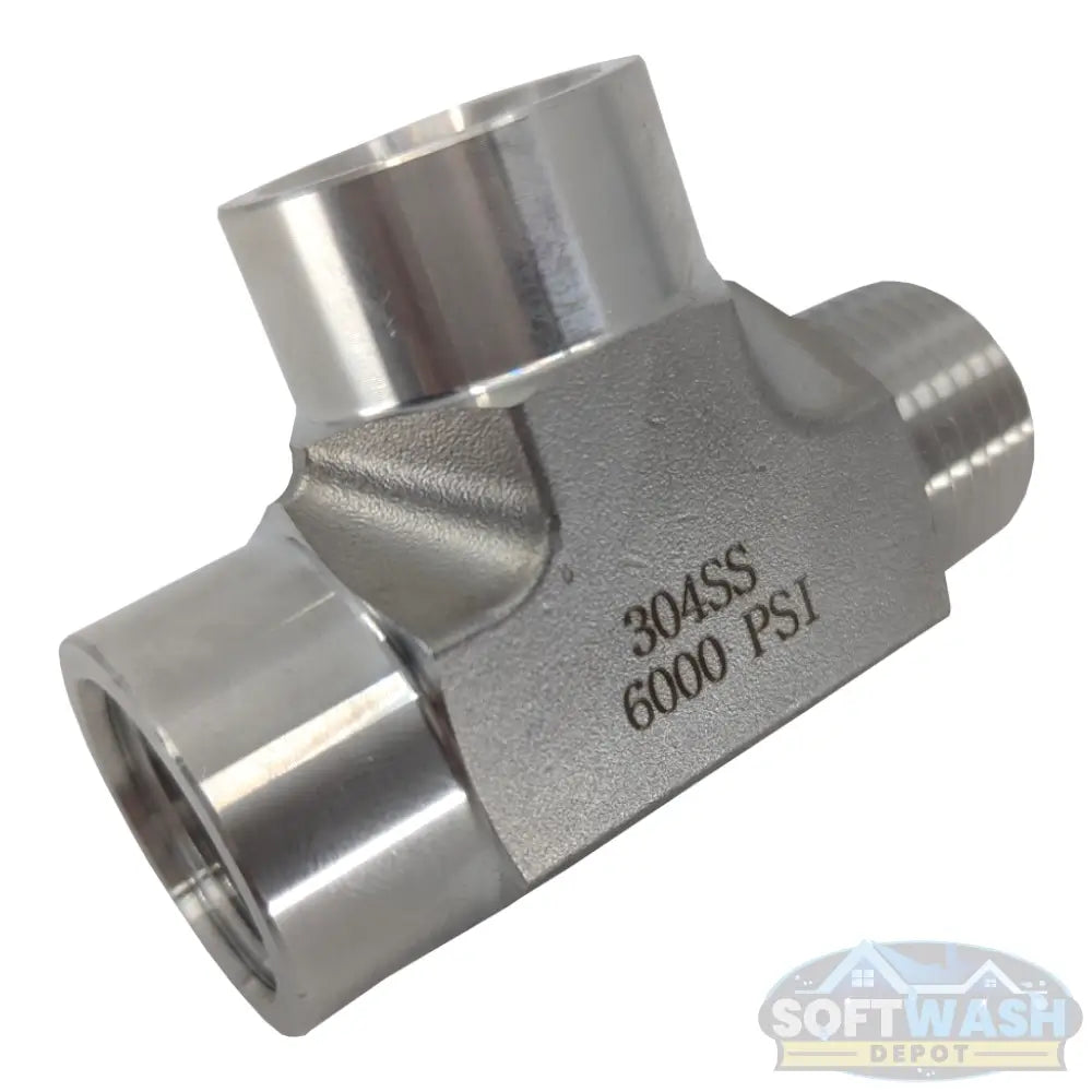 Stainless steel pipe fitting male run tee with 1/2-inch NPT male inlet and two 1/2-inch FPT female outlets, corrosion-resistant plumbing fitting for industrial and commercial applications. - Soft Wash Depot