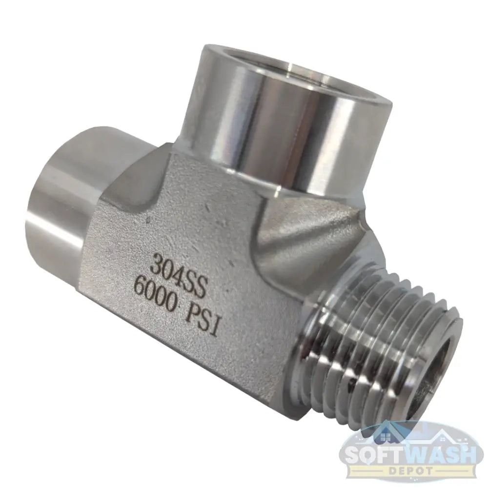 Stainless steel pipe fitting male run tee with 1/2-inch NPT male inlet and two 1/2-inch FPT female outlets, corrosion-resistant plumbing fitting for industrial and commercial applications. - Soft Wash Depot