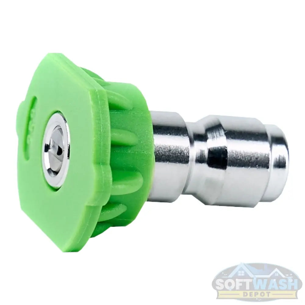 Heavy-duty pressure washer nozzle available in multiple spray angles: 0°, 15°, 25°, 40°, and Soap Nozzle. Designed for quick-connect fittings - Soft Wash Depot.