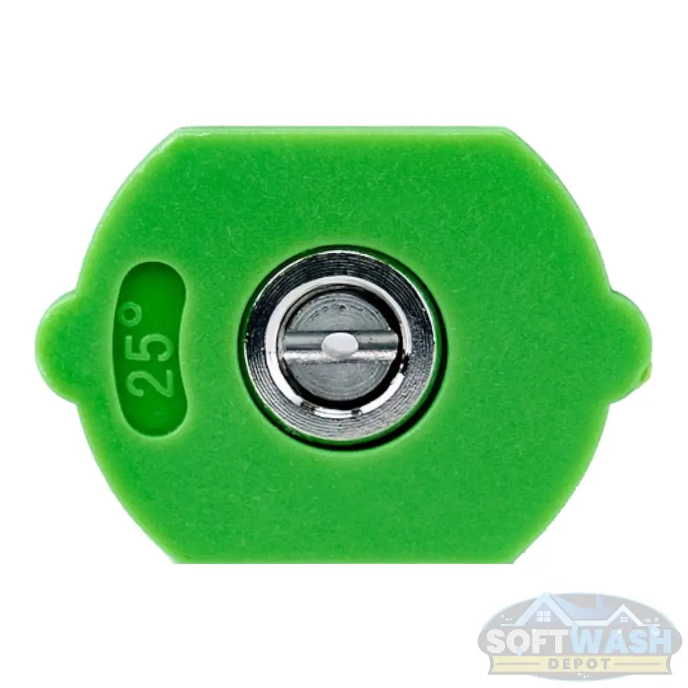 Heavy-duty pressure washer nozzle available in multiple spray angles: 0°, 15°, 25°, 40°, and Soap Nozzle. Designed for quick-connect fittings - Soft Wash Depot.
