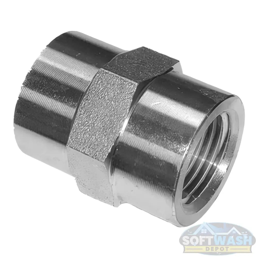 Steel Hex Coupler 3/8" FPT, 5000 PSI - heavy-duty female pipe thread coupler designed for high-pressure washer and industrial applications - Soft Wash Depot.