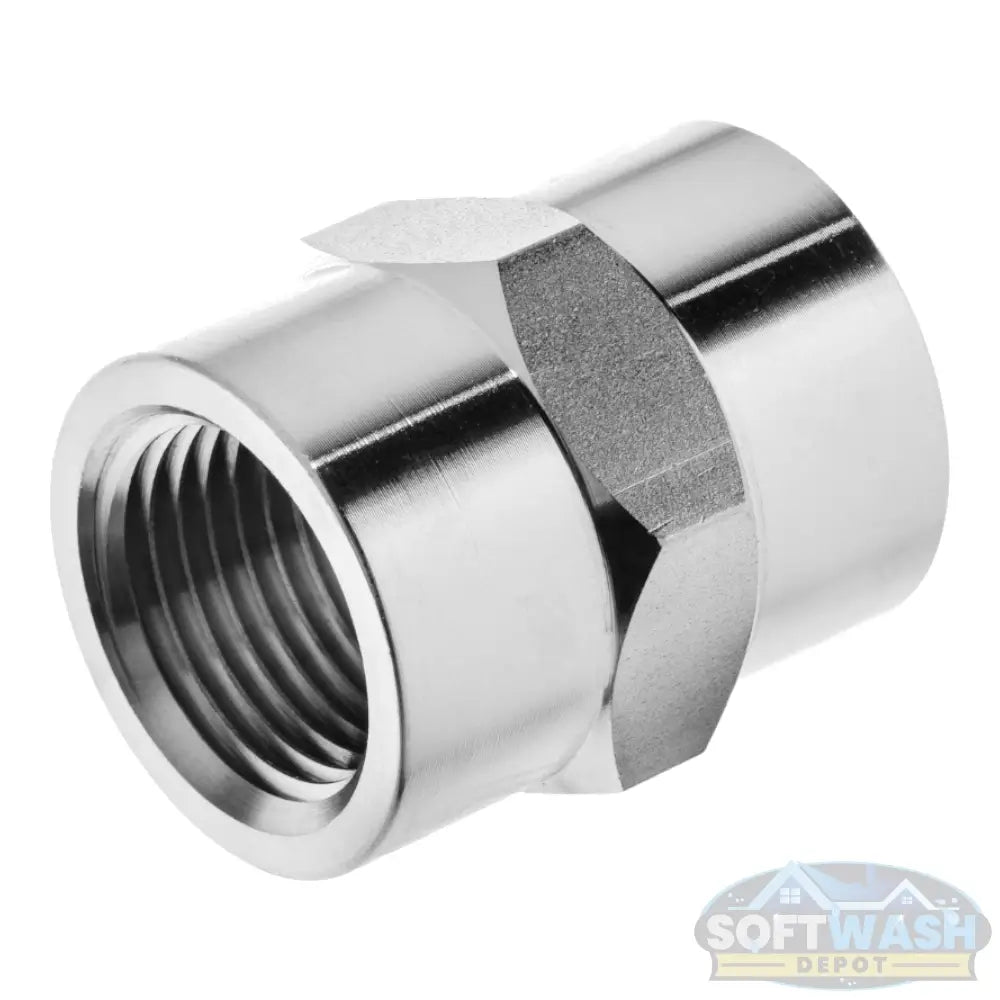 Steel Hex Coupler 3/8" FPT, 5000 PSI - heavy-duty female pipe thread coupler designed for high-pressure washer and industrial applications - Soft Wash Depot.