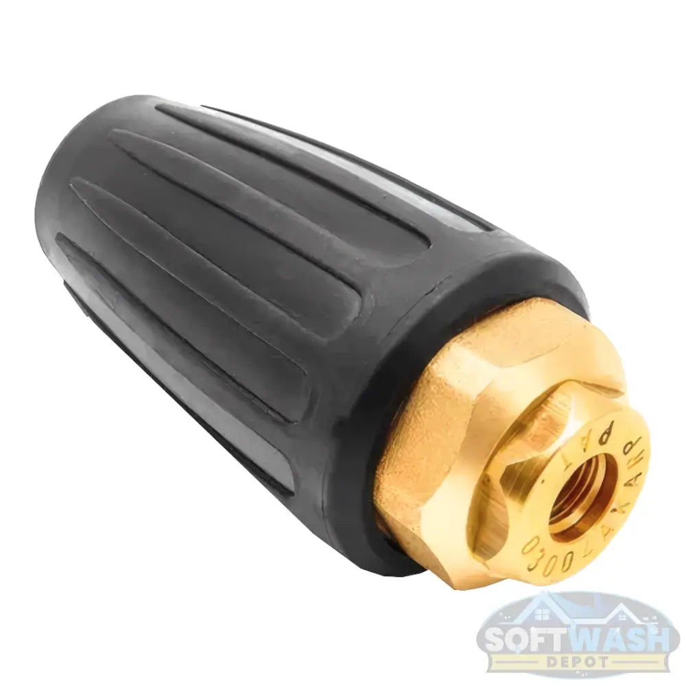 Suttner turbo nozzle for 4 GPM to 12 GPM pressure washers, featuring heavy-duty brass housing and protective rubber cover for powerful rotating cleaning action. - Soft Wash Depot