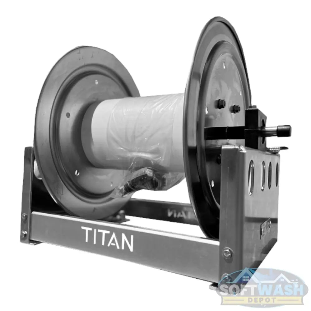 Titan 12" and 18" full frame aluminum and stainless steel manual hose reel with 1/2" manifold, durable corrosion-resistant reel for soft wash and pressure washing hoses - Soft Wash Depot.