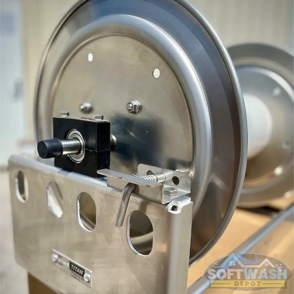 Titan 12" and 18" full frame aluminum and stainless steel manual hose reel with 1/2" manifold, durable corrosion-resistant reel for soft wash and pressure washing hoses - Soft Wash Depot.