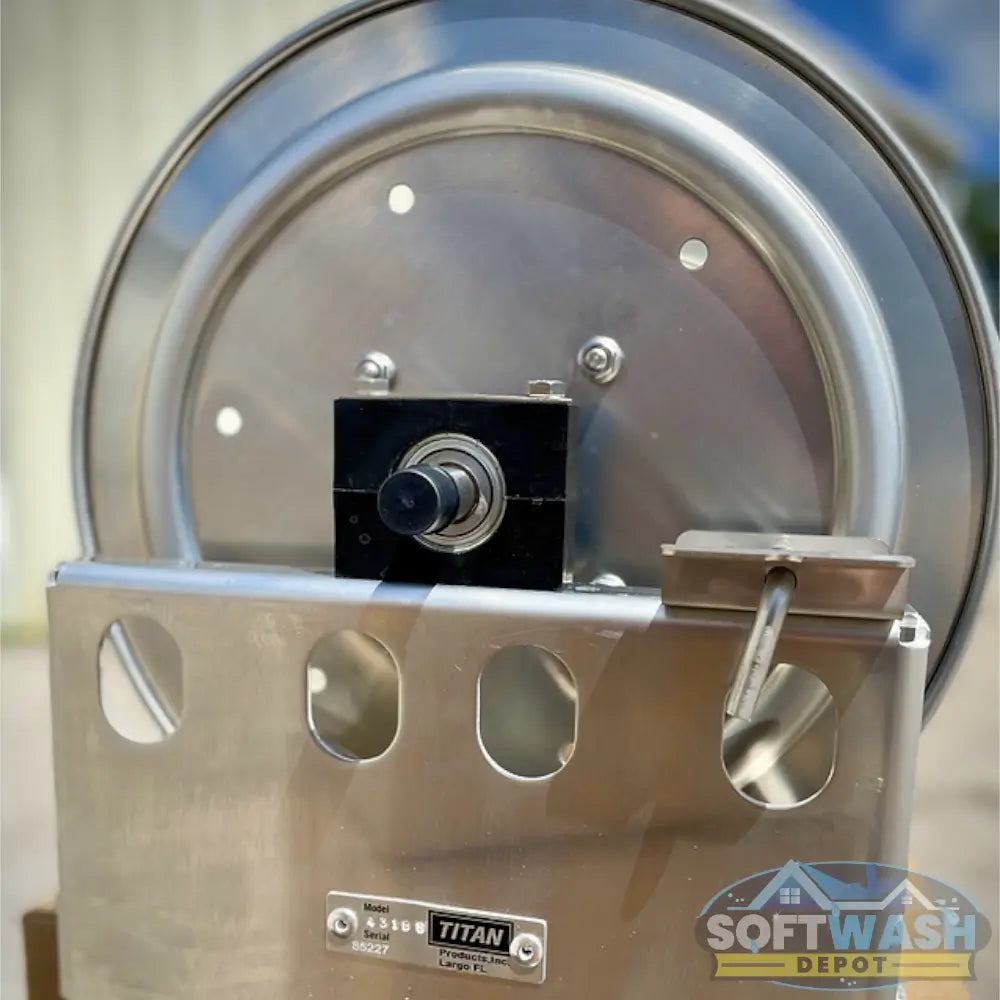 Titan 12" and 18" full frame aluminum and stainless steel manual hose reel with 1/2" manifold, durable corrosion-resistant reel for soft wash and pressure washing hoses - Soft Wash Depot.