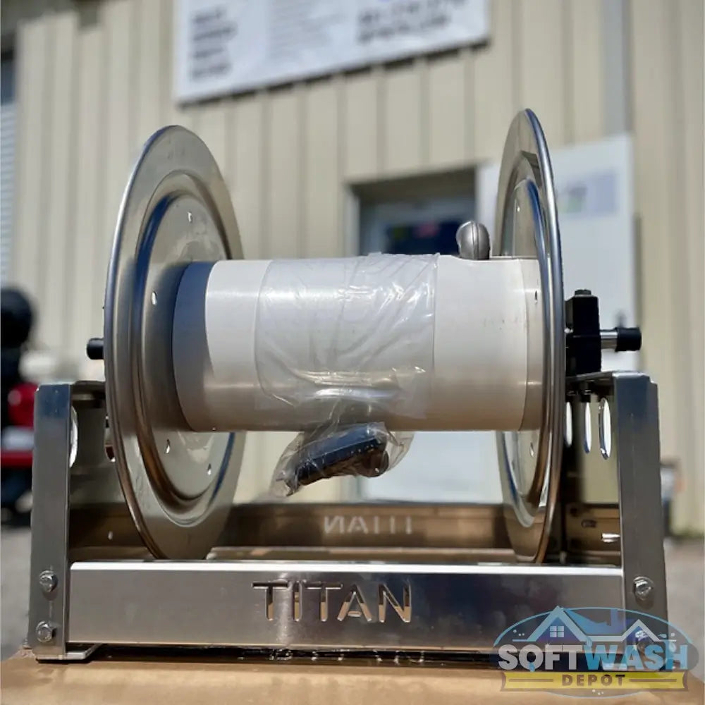 Titan 12" and 18" full frame aluminum and stainless steel manual hose reel with 1/2" manifold, durable corrosion-resistant reel for soft wash and pressure washing hoses - Soft Wash Depot.