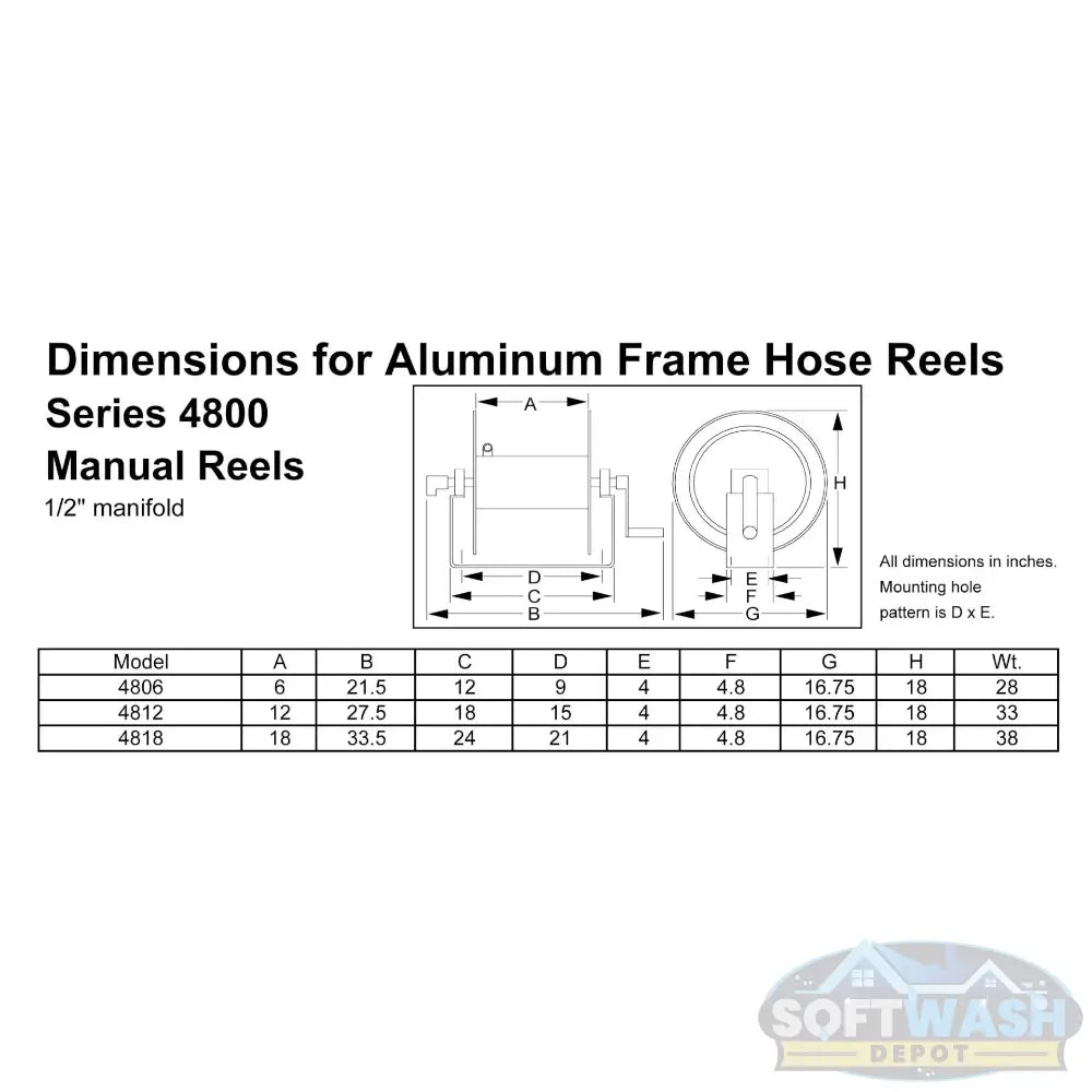 Titan 12" and 18" full frame aluminum and stainless steel manual hose reel with 1/2" manifold, durable corrosion-resistant reel for soft wash and pressure washing hoses - Soft Wash Depot.