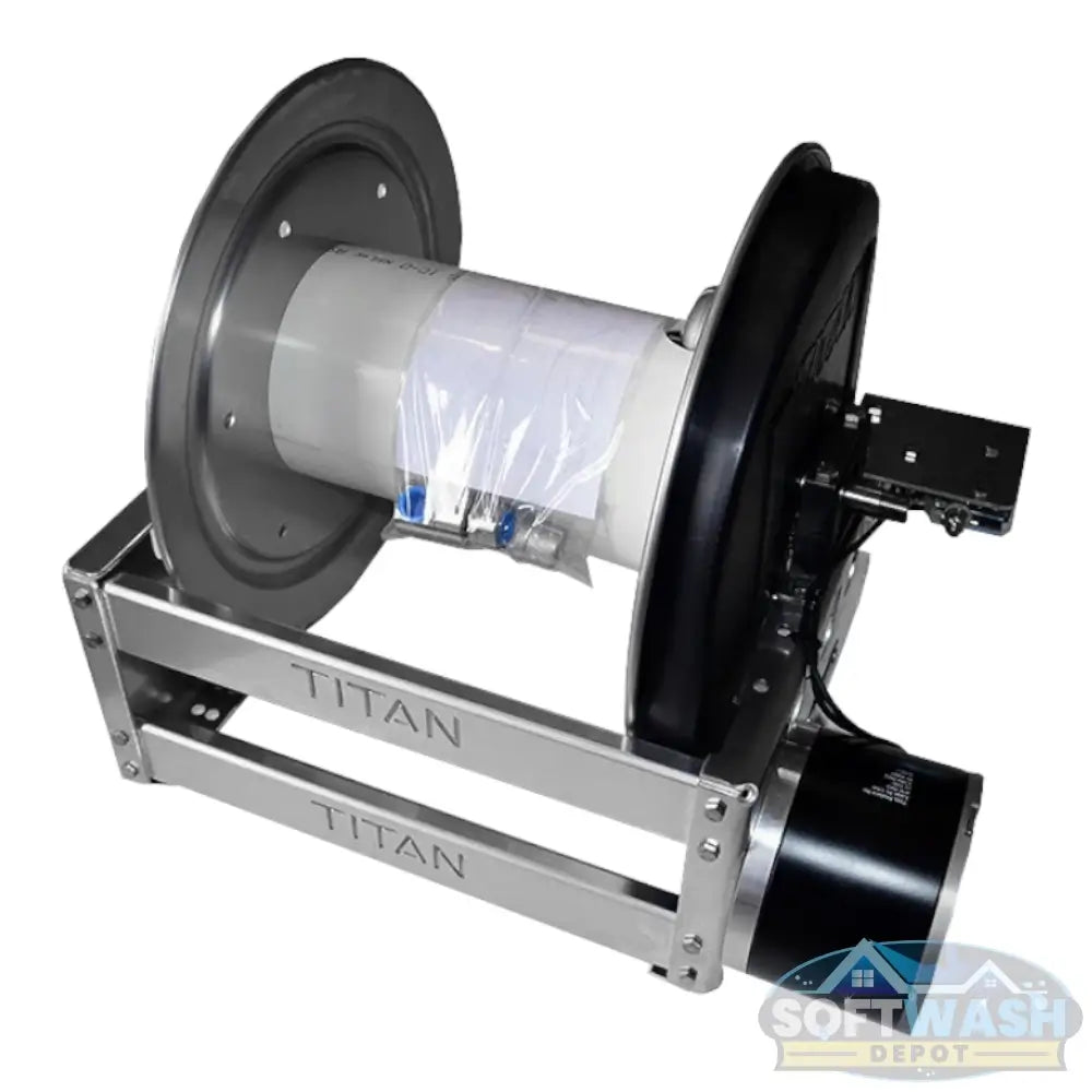 Titan Aluminum Electric Hose Reel - heavy-duty motorized hose reel with stainless steel frame for soft wash and pressure washing systems - Soft Wash Depot.