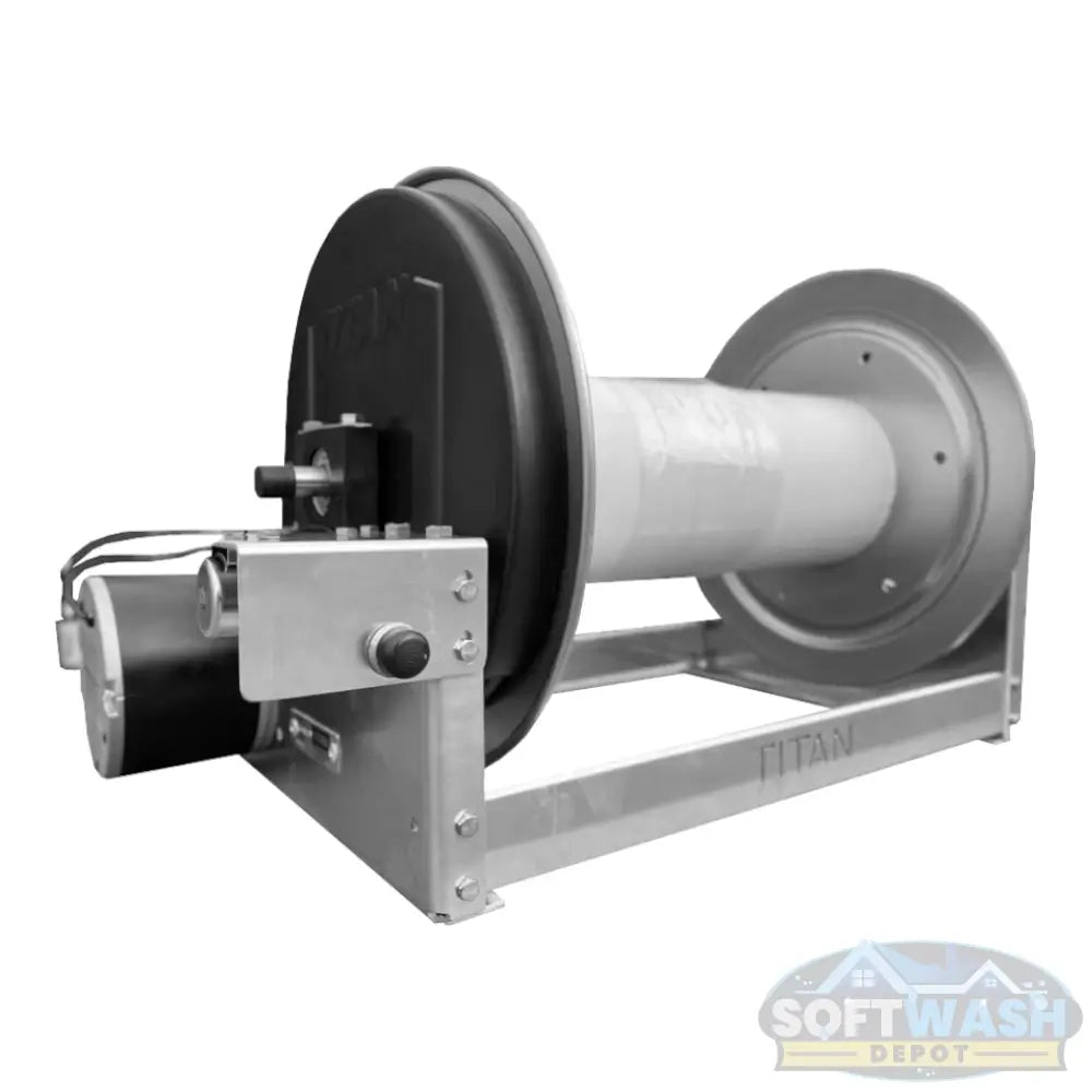 Titan Aluminum Electric Hose Reel - heavy-duty motorized hose reel with stainless steel frame for soft wash and pressure washing systems - Soft Wash Depot.
