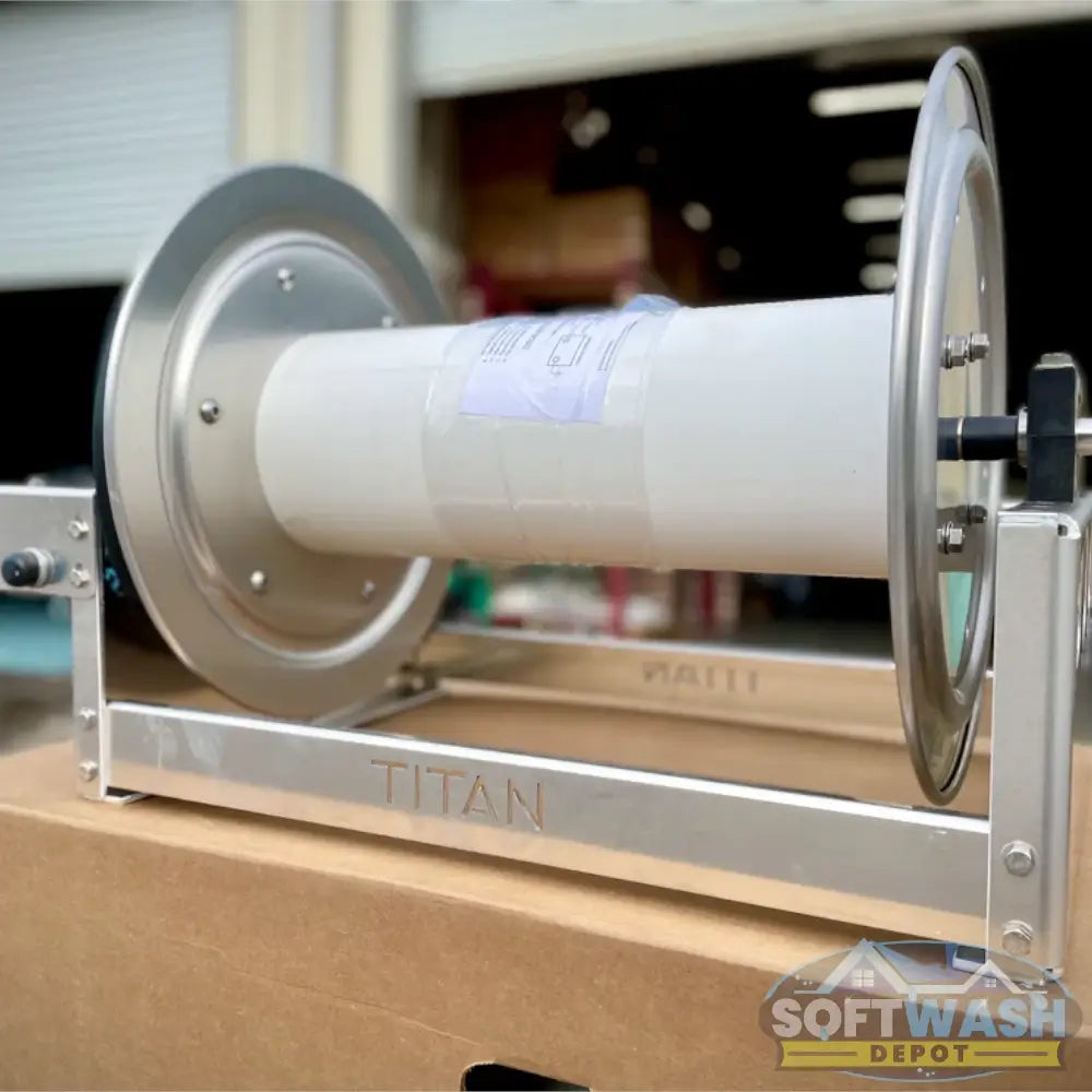 Titan Aluminum Electric Hose Reel - heavy-duty motorized hose reel with stainless steel frame for soft wash and pressure washing systems - Soft Wash Depot.