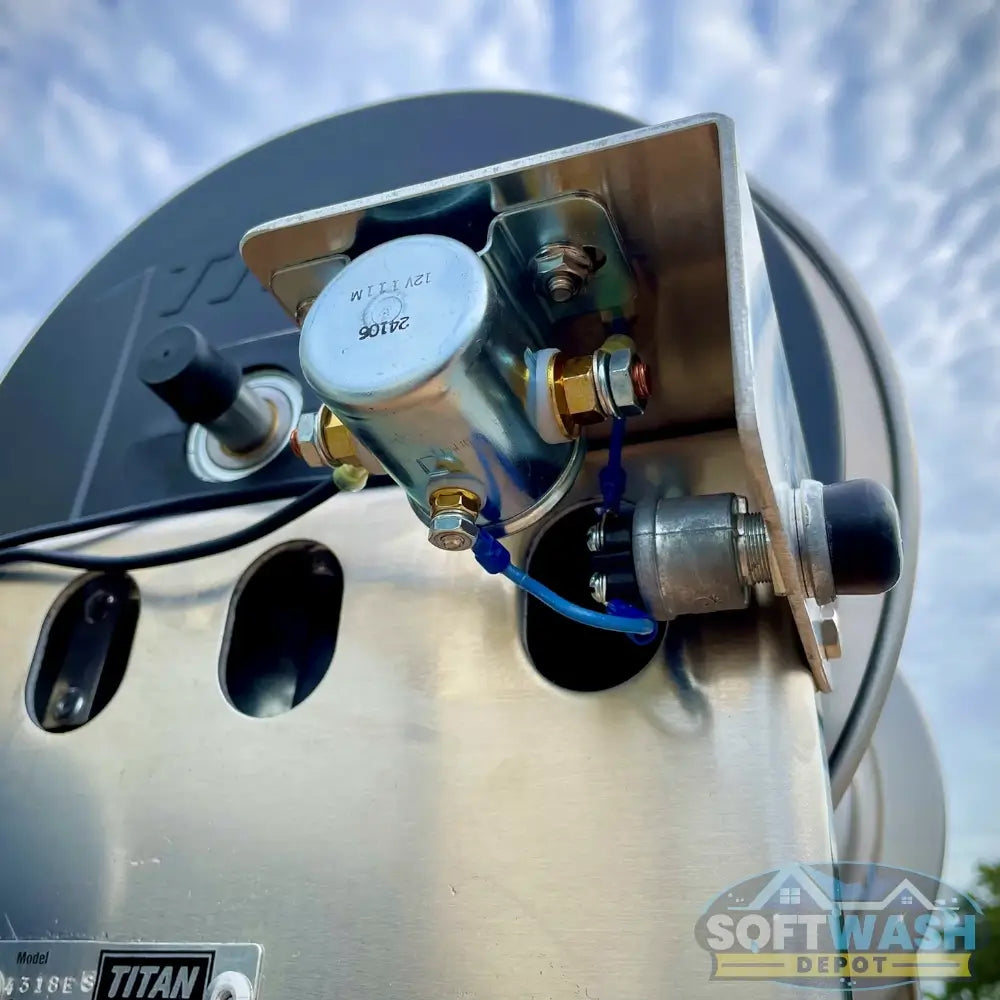 Titan Aluminum Electric Hose Reel - heavy-duty motorized hose reel with stainless steel frame for soft wash and pressure washing systems - Soft Wash Depot.