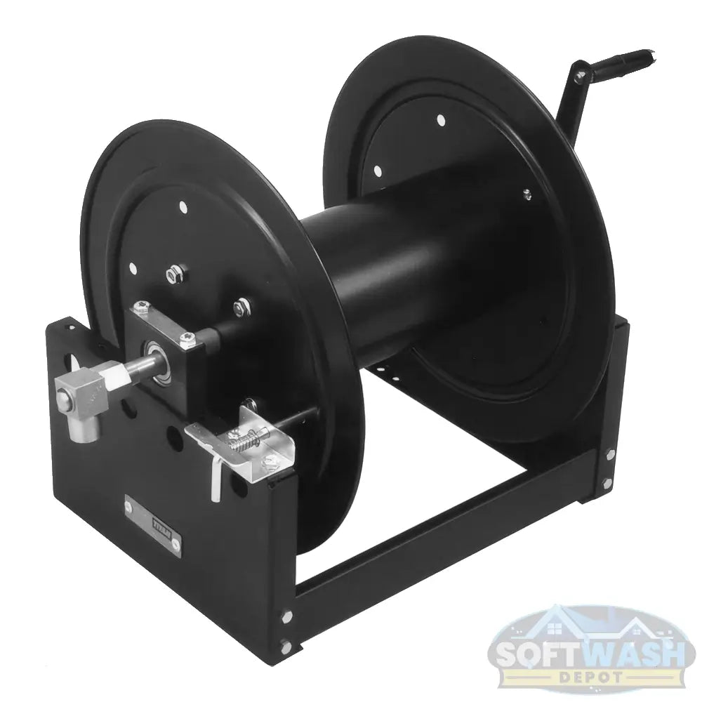 Titan full-frame black powder-coated hose reel for pressure washing, available in 12 inch and 18 inch sizes. - Soft Wash Depot