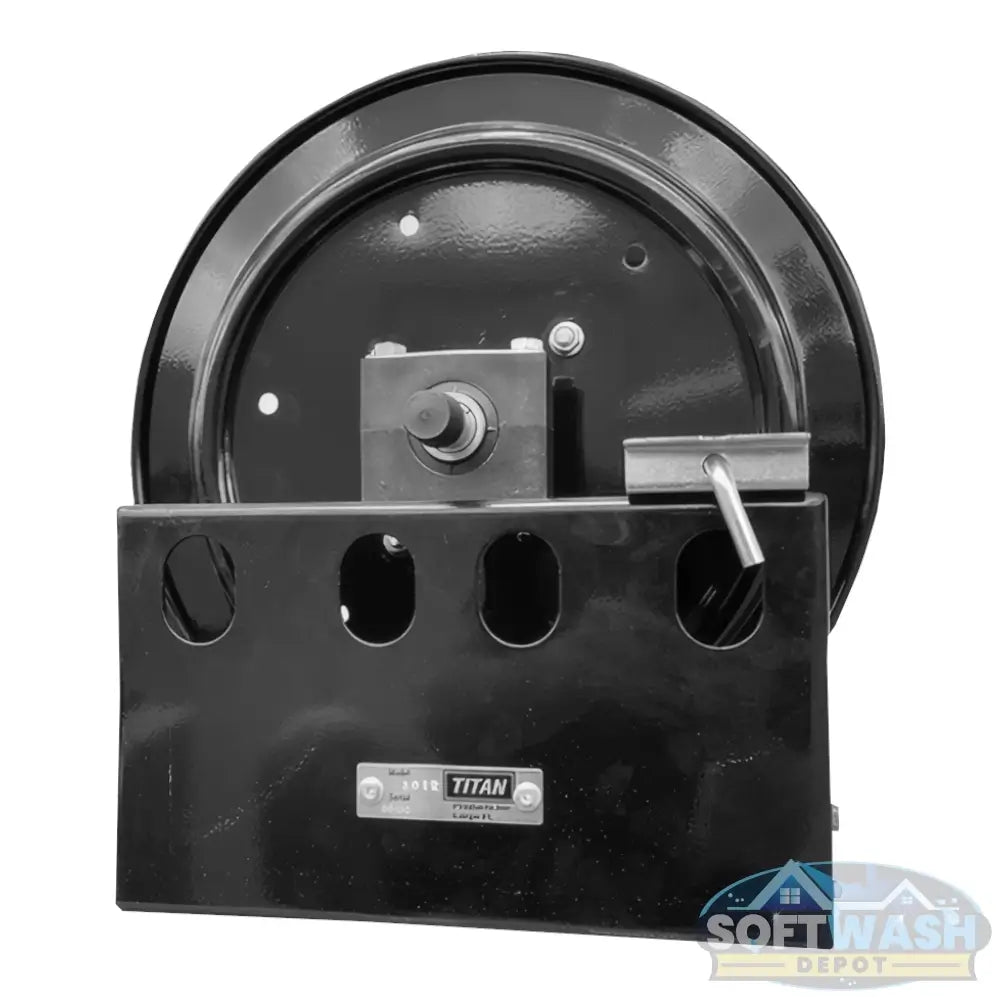 Titan full-frame black powder-coated hose reel for pressure washing, available in 12 inch and 18 inch sizes. - Soft Wash Depot