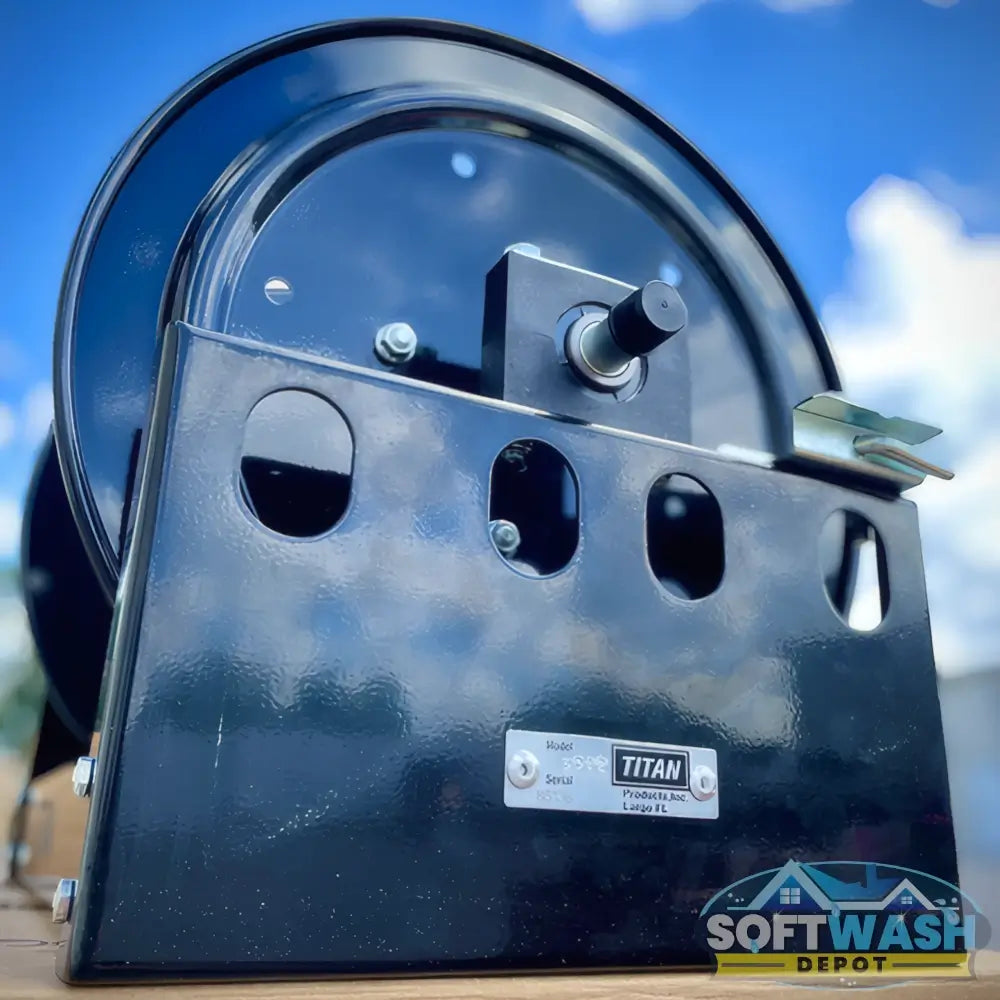 Titan full-frame black powder-coated hose reel for pressure washing, available in 12 inch and 18 inch sizes. - Soft Wash Depot