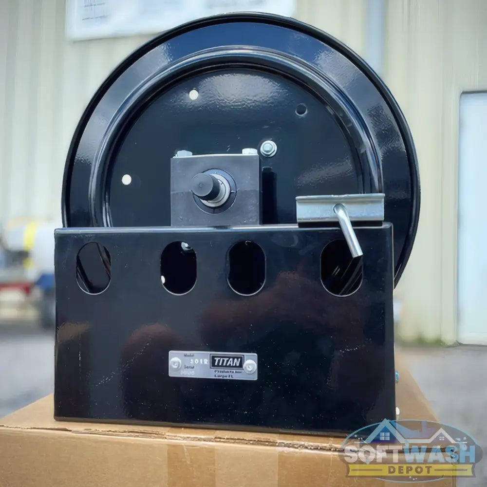 Titan full-frame black powder-coated hose reel for pressure washing, available in 12 inch and 18 inch sizes. - Soft Wash Depot