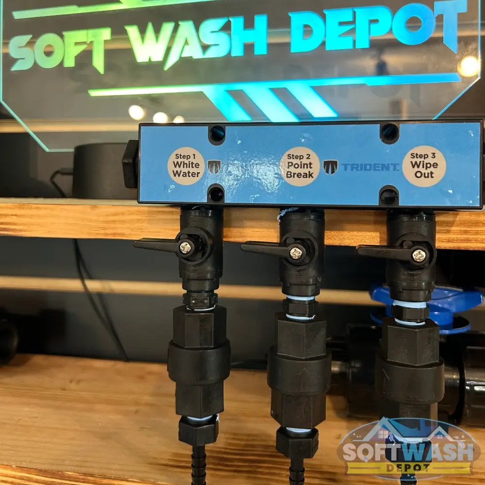 Trident downstream injector 3-port manifold with labeled chemical ports for White Water, Point Break, and Wipe Out solutions, designed for fast switching and efficient soft wash mixing. - Soft Wash Depot