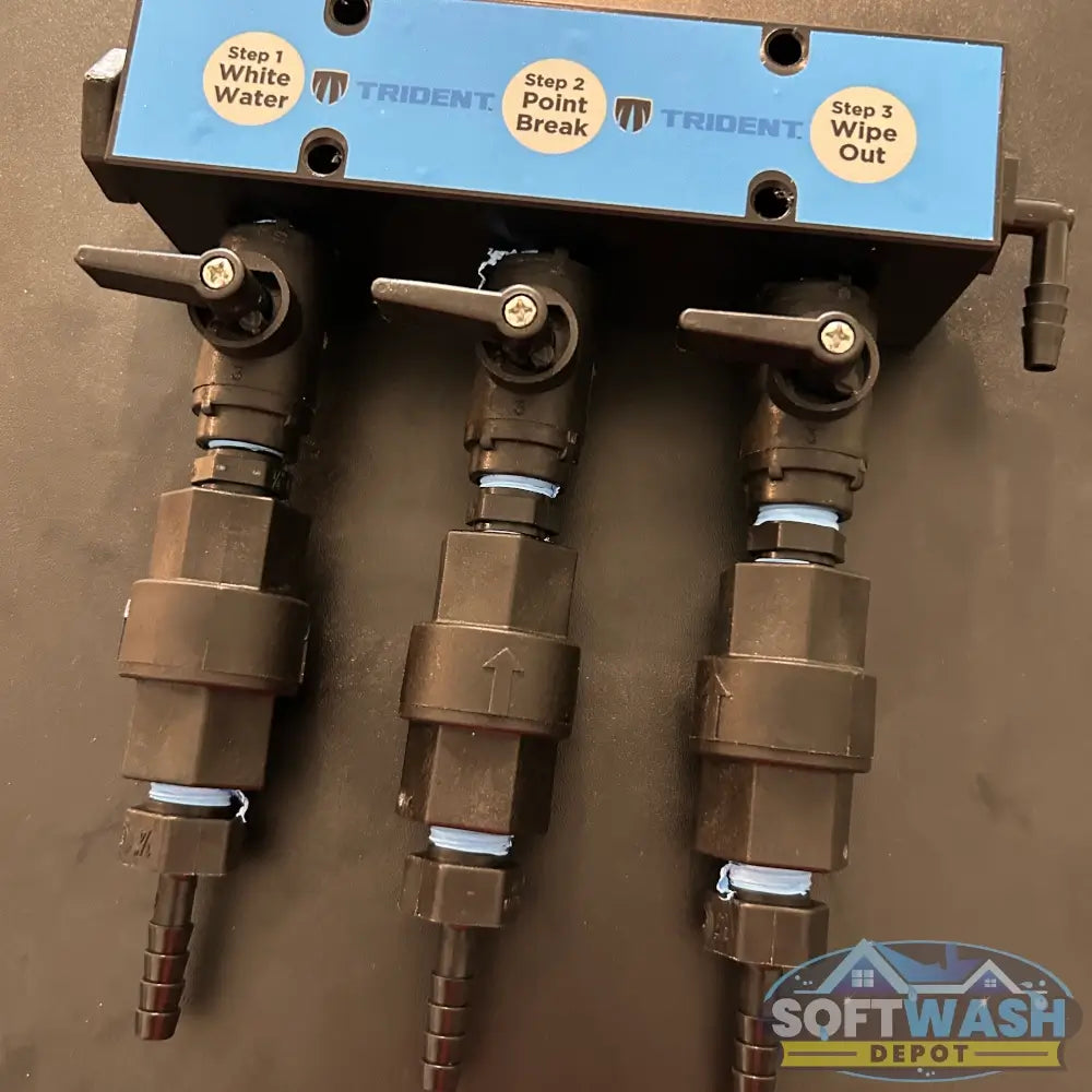 Trident downstream injector 3-port manifold with labeled chemical ports for White Water, Point Break, and Wipe Out solutions, designed for fast switching and efficient soft wash mixing. - Soft Wash Depot