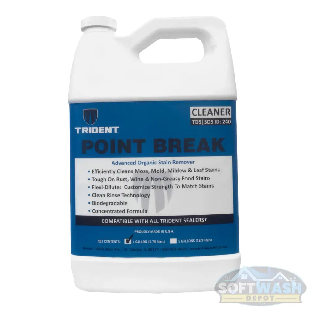 Trident Point Break Cleaner - advanced organic stain remover designed to clean moss, mold, mildew, and leaf stains while removing rust, wine, and food stains - concentrated, biodegradable formula compatible with all Trident sealers – 1-gallon container - Soft Wash Depot product photo.