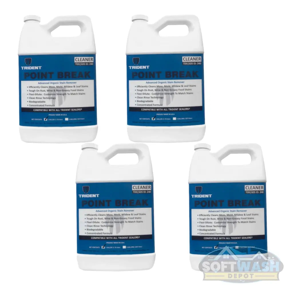 Trident Point Break Cleaner - advanced organic stain remover designed to clean moss, mold, mildew, and leaf stains while removing rust, wine, and food stains - concentrated, biodegradable formula compatible with all Trident sealers – 1-gallon (4 pack) container - Soft Wash Depot product photo.