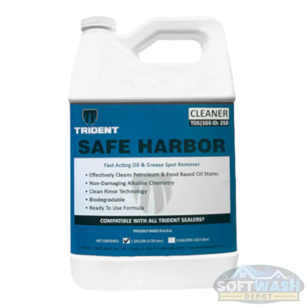 Trident Safe Harbor Oil & Grease Spot Remover for concrete, pavers, stone, and travertine, removing petroleum and food-based oil stains with a ready-to-use biodegradable formula. - Soft Wash Depot
