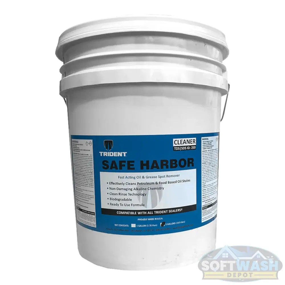 Trident Safe Harbor Oil & Grease Spot Remover for concrete, pavers, stone, and travertine, removing petroleum and food-based oil stains with a ready-to-use biodegradable formula. - Soft Wash Depot