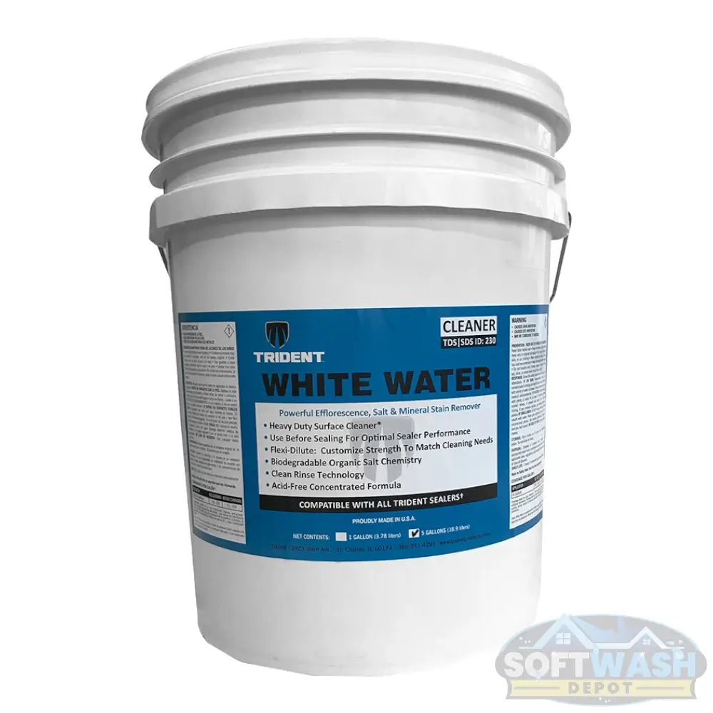 Trident White Water Cleaner - powerful efflorescence, salt, and mineral stain remover for concrete, pavers, and masonry surfaces - heavy-duty, acid-free formula compatible with all Trident sealers, featuring biodegradable chemistry and clean rinse technology - 5-gallon Pail container - Soft Wash Depot product photo.