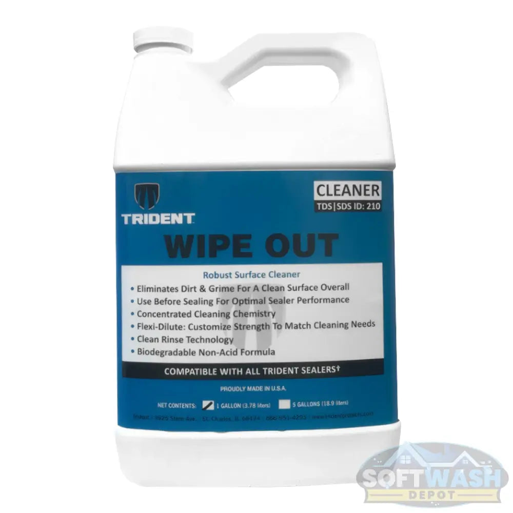 Trident Wipe Out Cleaner - robust surface cleaner that removes dirt and grime for a clean finish before sealing - concentrated, biodegradable non-acid formula with clean rinse technology and adjustable dilution - compatible with all Trident sealers - 1-gallon container - Soft Wash Depot product photo.