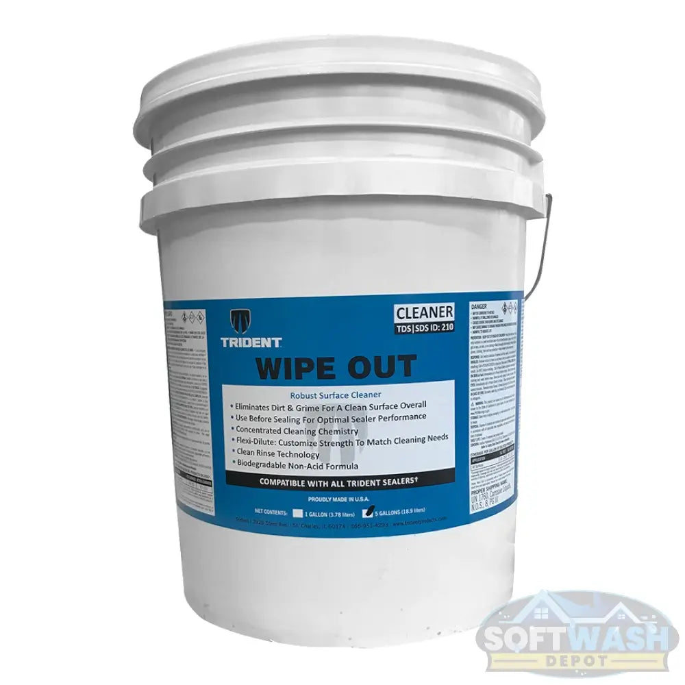 Trident Wipe Out Cleaner - robust surface cleaner that removes dirt and grime for a clean finish before sealing - concentrated, biodegradable non-acid formula with clean rinse technology and adjustable dilution - compatible with all Trident sealers - 5-gallon Pail container - Soft Wash Depot product photo.